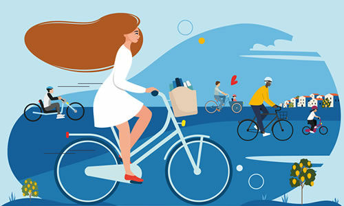 affiche graphique de mai à vélo 2024 : un mois pour adopter le vélo...pour la vie. On y voit plusieurs cyclistes avec un paysage de campagne coloré en rose en arrière-plan